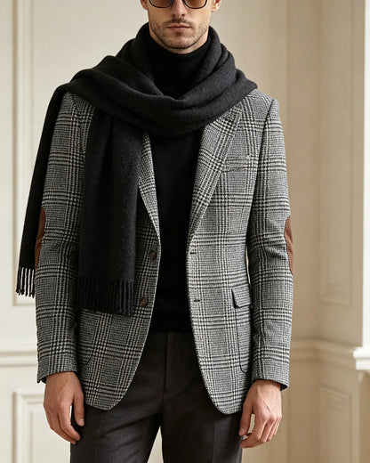 Vintage Wool Blend Plaid Men's Jackets Notched Collar Slim Fit Single Breasted Blazers With Suede Elbow Patches Business Casual