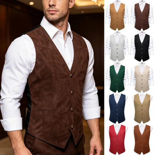 Men's Vest Vintage Suede V-Neck Single Breasted for Weddings & Evening Events