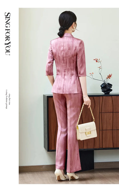 Spring Ladies Pant Suit Women Pink Wine Red Female Business Work Wear Half Sleeve Jacket and Trouser Formal 2 Piece Set Blazer