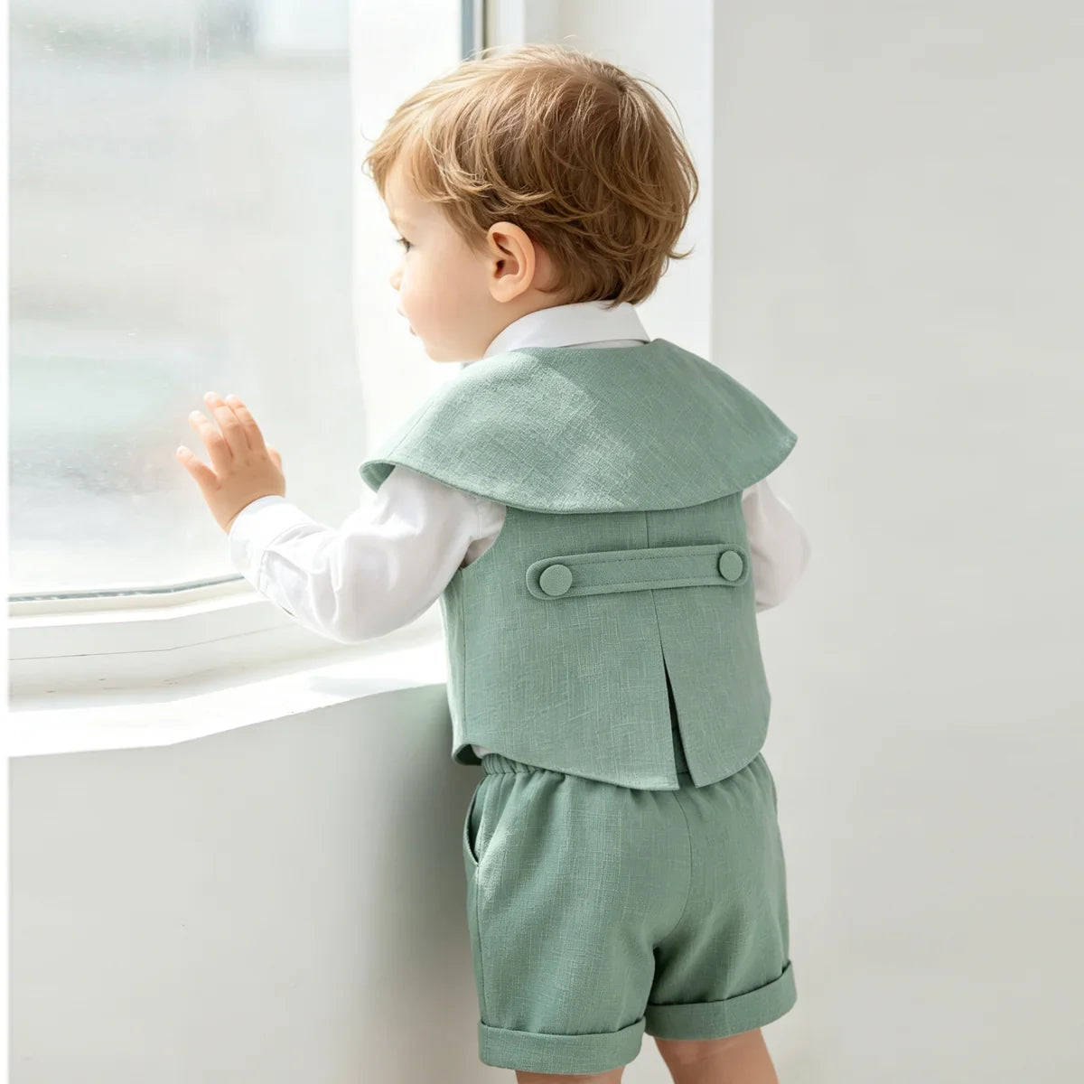 6Pcs Toddler Baby Boy Suit Light Green Waistcoat Shorts Bow Shawl Hat Kids Gentleman Outfit For Birthday Wedding Photo Shoot