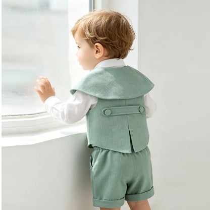 6Pcs Toddler Baby Boy Suit Light Green Waistcoat Shorts Bow Shawl Hat Kids Gentleman Outfit For Birthday Wedding Photo Shoot
