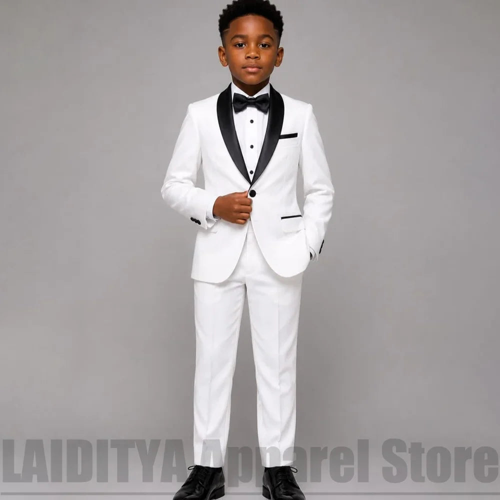Boys White Tuxedo Suit with Black Satin Shawl Lapel Kids Formal Wedding Outfit Blazer Pants Bow Children Party Costume 2 Piece