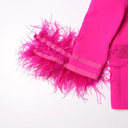 Spring Autumn New Women Blazer Turn-down Collar Studded Diamonds Single Button Cuff Spliced Feather Luxury Ins Coat HK16316