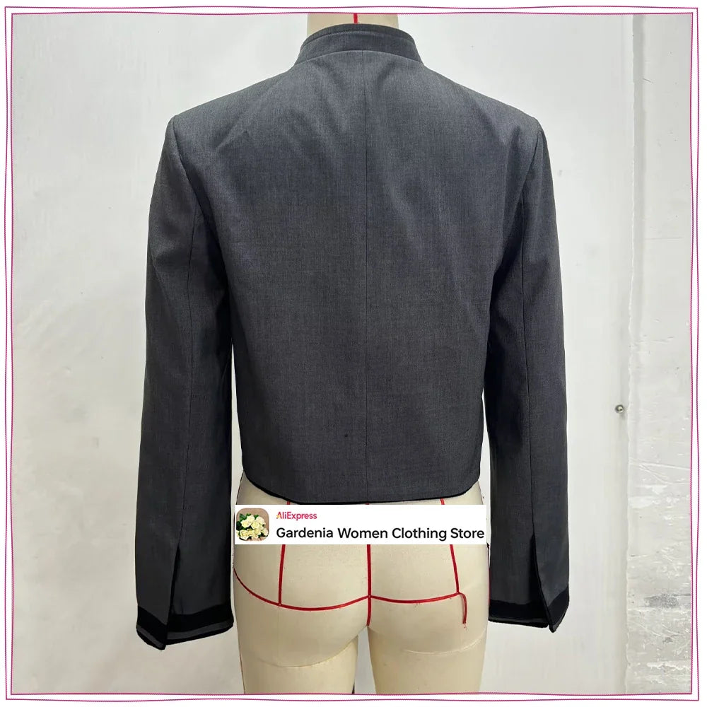 Elegant Chic Frog Fastening Blazers for Women Long Sleeve High Round Neck Blazer with Contrasting Frog Clasp & Cuffs and Pockets