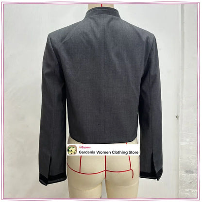 Elegant Chic Frog Fastening Blazers for Women Long Sleeve High Round Neck Blazer with Contrasting Frog Clasp & Cuffs and Pockets