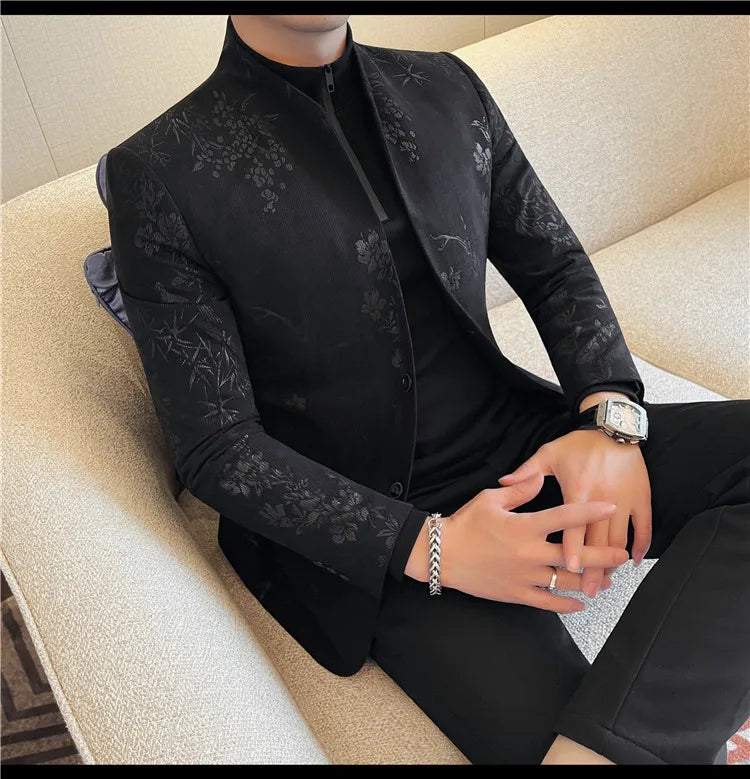2025 Spring Trendy Jacquard Suit Jacket Men Stand Up Collar Casual Blazers Slim Wedding Business Streetwear Social Dress Coats