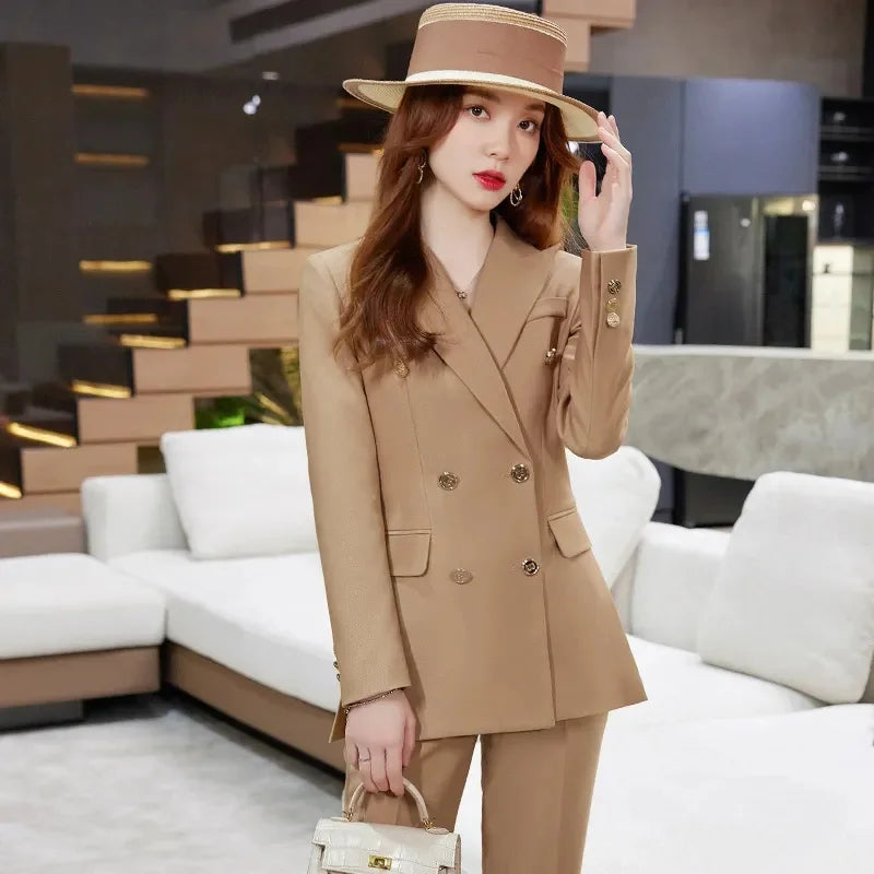 2025 Button Decoration Formal Jacket Blazer and Trouser 2 Piece Set Fashion Pink Green Black Ladies Work Wear Pant Suit Women