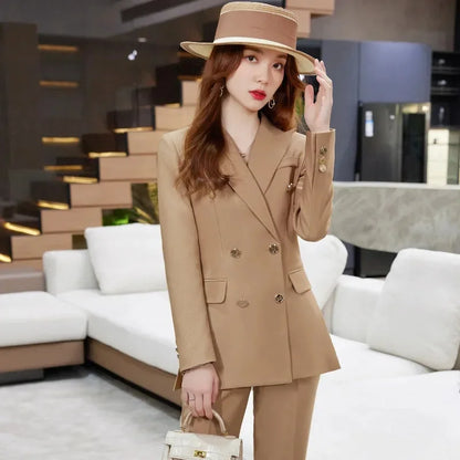 2025 Button Decoration Formal Jacket Blazer and Trouser 2 Piece Set Fashion Pink Green Black Ladies Work Wear Pant Suit Women
