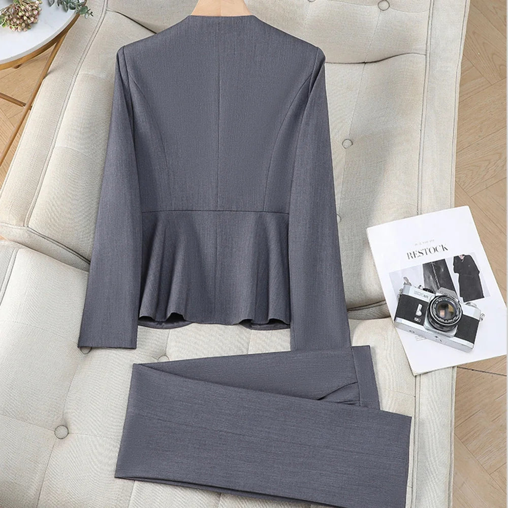 Elegant Ladies Autumn Trousers Suit Women Long Sleeve Blazer and Pants 2 Piece Matching Sets Work Wear Office Formal Outfit