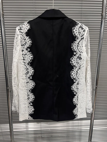 Women Chic Blazer Lace Patchwork Color Block Notched Collar Double Breasted Elegant Trendy Jacker New Spring Autumn HK20168