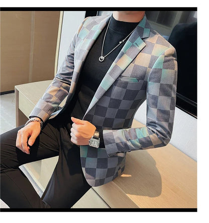 Brand Luxury Plaid Suit Jacket for Men 2023 Autumn Casual Blazer Masculino Fashion Slim Business Wedding Groom Social Dress Coat