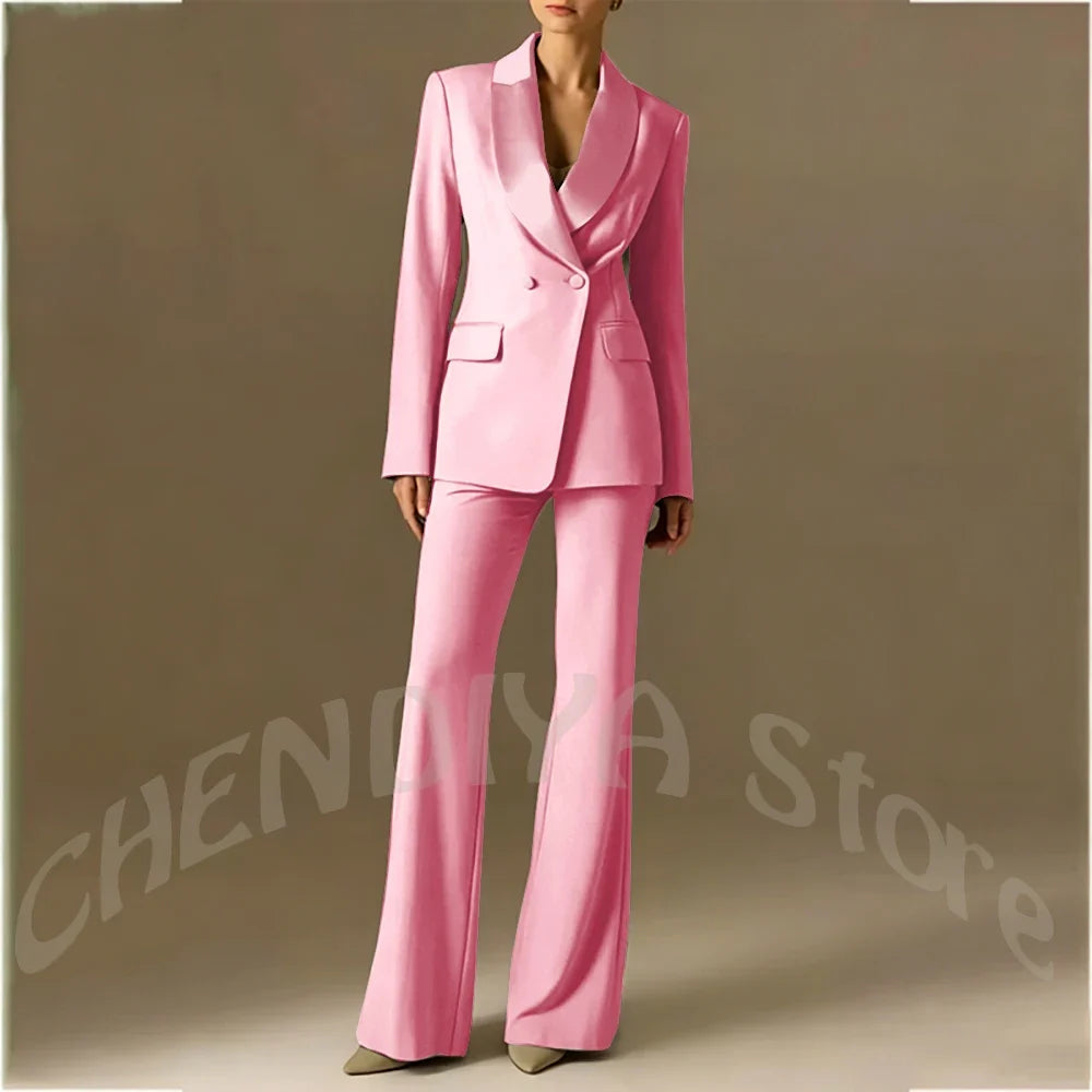 Classic Shawl Lapel Suit For Women Elegant Double Breasted Outfit Solid Color Two Piece Straight Modern Style Office Wear