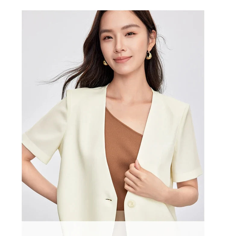 Solid Color Women's Jackets 2026 New Formal Cropped V Neck Single Button Short Sleeve Commuting Outerwear 152X87886