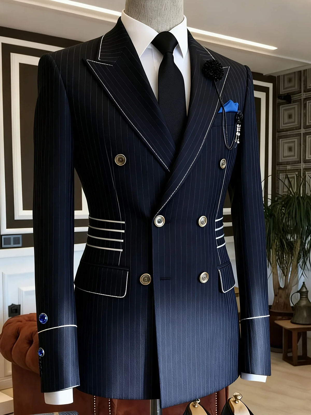 Men's Slim Fit Navy Blue Pinstripe Blazer Strip Double Breasted Business Casual Formal Party Banquet Wedding Groom Stage Jacket
