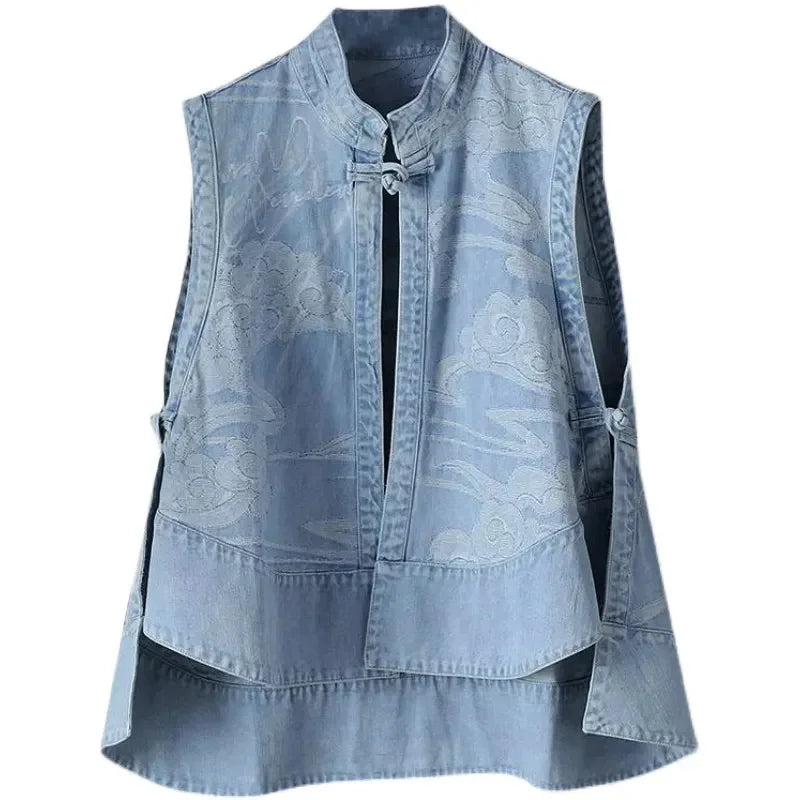 New Female Cowboy Vest Tops Coat Chinese Style Buckle Female Denim Waistcoat Jacket Ladies Cardigan Leisure Sleeveless Outerwear