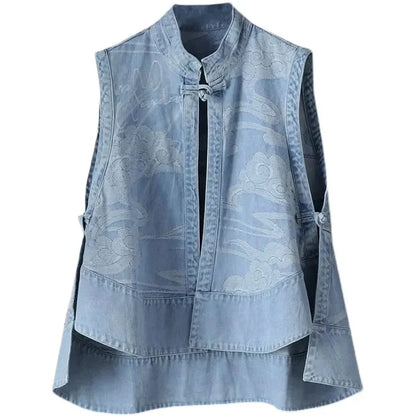 New Female Cowboy Vest Tops Coat Chinese Style Buckle Female Denim Waistcoat Jacket Ladies Cardigan Leisure Sleeveless Outerwear
