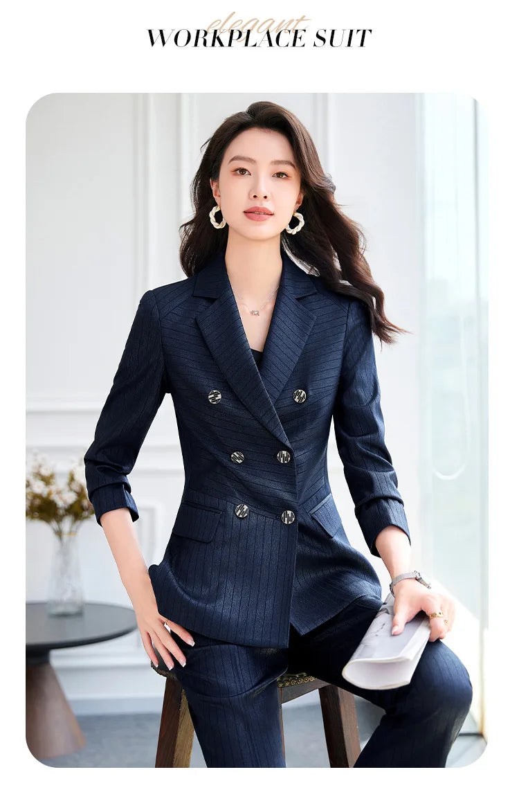 High Quality Women Navy Blue Green Pant Suit Female Button Decoration Blazer and Trouser 2 Piece Set For Office Ladies Work Wear