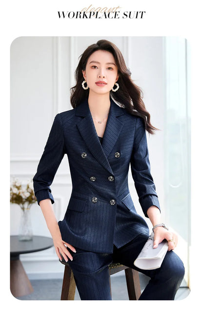 High Quality Women Navy Blue Green Pant Suit Female Button Decoration Blazer and Trouser 2 Piece Set For Office Ladies Work Wear