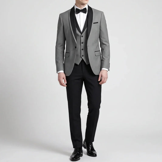 Men Suit Gray 3 Pieces With Black Lapel Single Breasted For Wedding Groom Banquet Party Prom Business Work Jacket Vest Pants