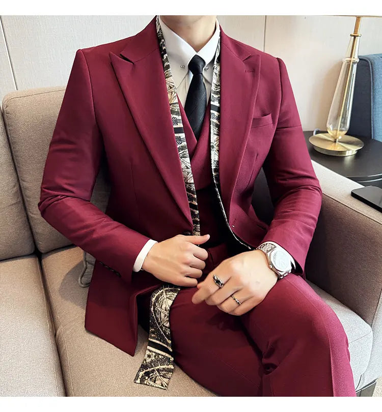 Double Collar Suit Set 3 Pieces Business Formal Casual Suits Vest Trousers Office Work Party Prom Wedding Groomsmen Clothing