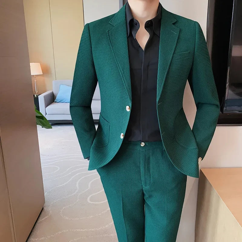 2025 New Waffle Blazers +Pant 2 Piece Set Men Fashion Business Slim Fit Solid Tuxedo Groom Wedding Prom Wear Casual Men's Sets