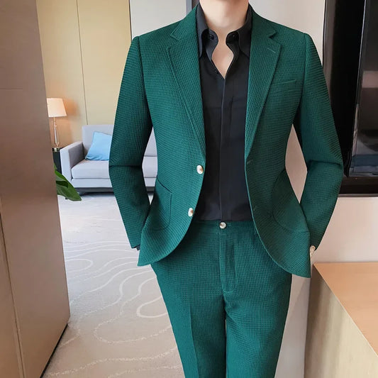 2025 New Waffle Blazers +Pant 2 Piece Set Men Fashion Business Slim Fit Solid Tuxedo Groom Wedding Prom Wear Casual Men's Sets