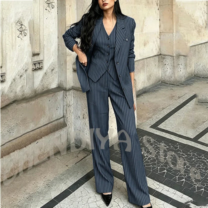 Tailor-Made Striped Suit For Women High Quality Peaked Lapel Single Breasted Three Piece Business Office Lady Formal Outfit