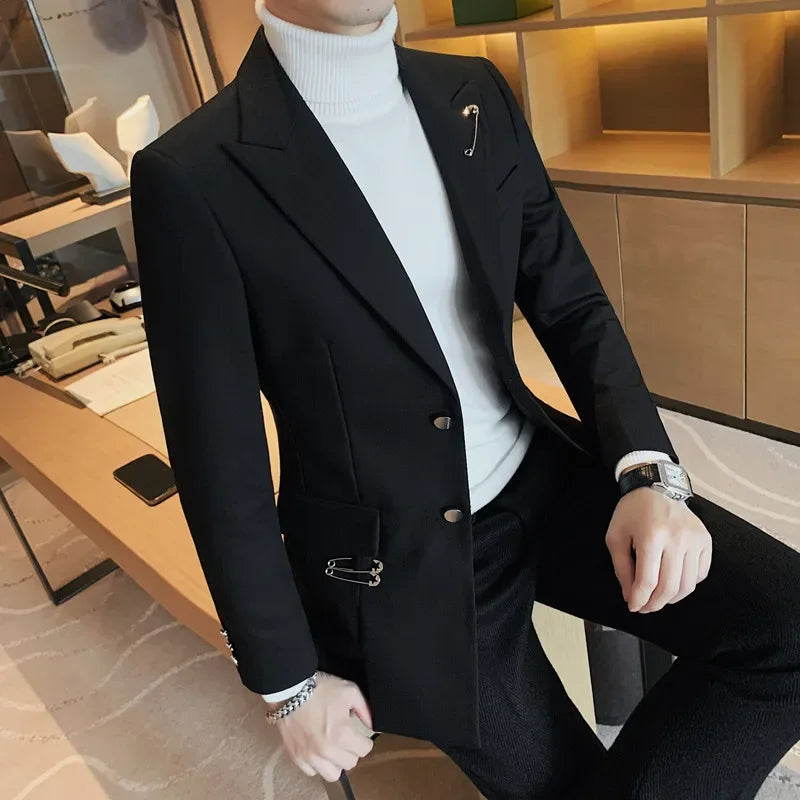 Autumn Pin Decoration Men Blazers Casual Suit Jacket Single Breasted Streetwear Social Business Dress Coat Wedding Groom Jacket