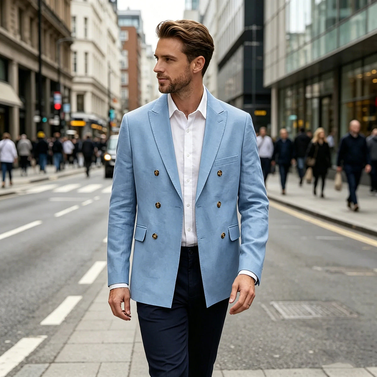 Men's Double Breasted Linen Blazer Slim Fit Suit Jacket Formal Business Casual Coat Wedding Party Spring Summer Streetwear