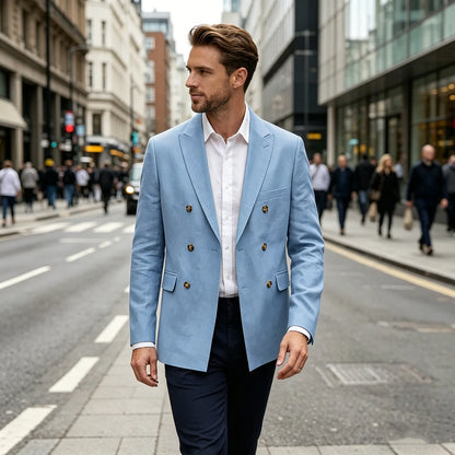 Men's Double Breasted Linen Blazer Slim Fit Suit Jacket Formal Business Casual Coat Wedding Party Spring Summer Streetwear