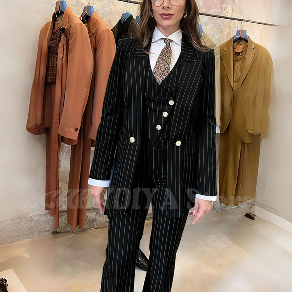 Navy Blue Striped Suit For Women Stylish Single Button Peak Lapel Elegant Outfit Business Meeting Office Formal Set Three Pieces