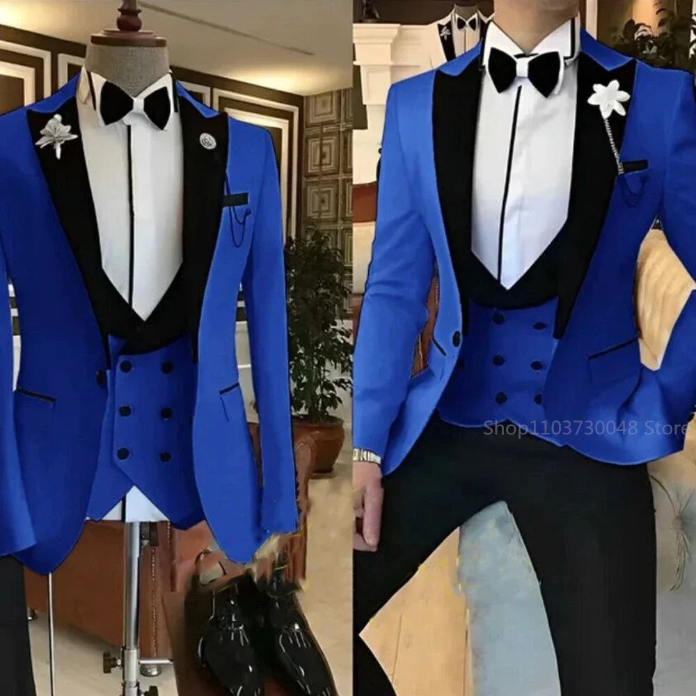 Latest Solid Formal Men's Wedding Suit Slim Fit Elegant Groom Tuxedos Business Party Suits 3 Pieces Sets (Jacket+Vest+Pants)