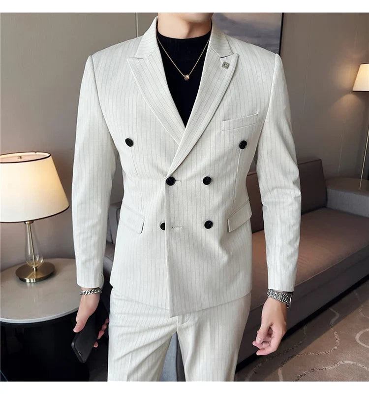 (Jacket + Vest + Pants)Three Piece Set Men Blazers Set stripe Suits Busines Casual Slim Fit Formal Dress Groom Tuxedo Wedding