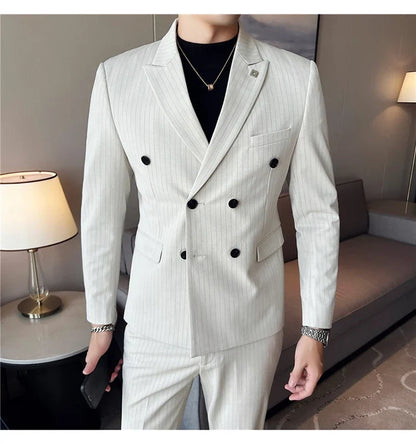 (Jacket + Vest + Pants)Three Piece Set Men Blazers Set stripe Suits Busines Casual Slim Fit Formal Dress Groom Tuxedo Wedding