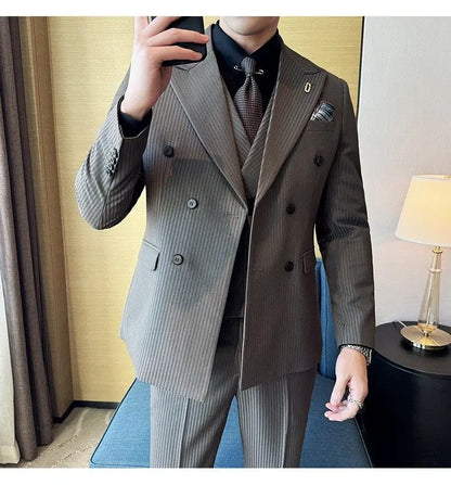 Korean Slim Fitt Wedding Suit Fashion Striped Double Breasted Suit 3 Piece Set Business Formal Casual Party Prom Host Suits