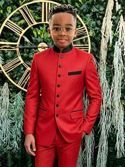 New African Boys Formal Suit Set 2 Pieces Wedding Ring Bearer Outfit Classic Stand-out Collar Kids Slim Fit Tuxedo For Birthday