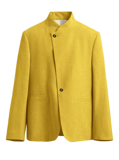  Mandarin Collar Men‘s Blazer Linen Blend Chinese Stand Collar Men Jacket Asymmetric Button Breathable Men Coat Wedding Party
