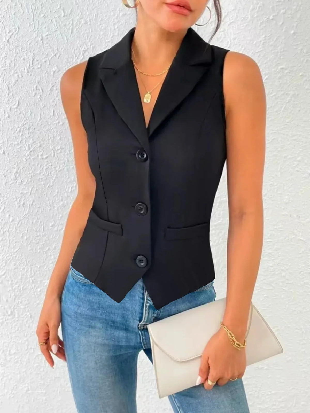 Women's Elegant Sleeveless Blazer Vest Formal Lapel Collar Single-Breasted Office Work Waistcoat Professional Business Suit Vest