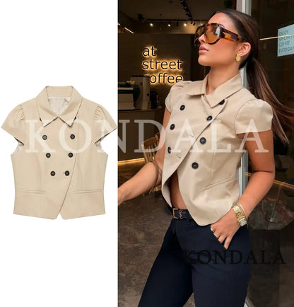 Women Trendy Short Sleeve Blazer Double Breasted Slim Fit Khaki Blazer 2026 Spring Summer Commute Lady Slim Short Top