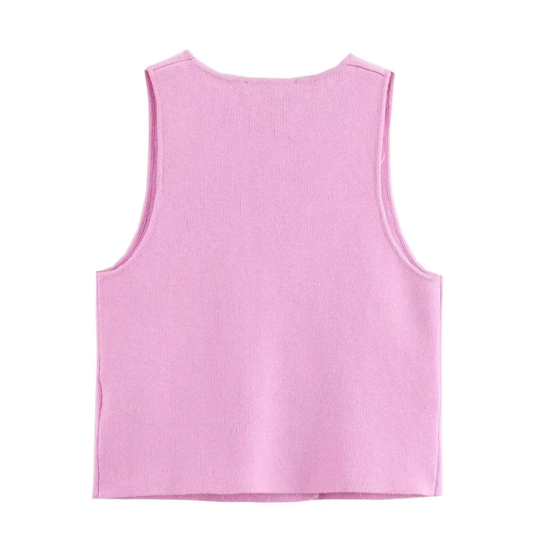 Sweater Lady Vests Sleeveless Pink Knitted Vest For Women Fall Round Neck Short Sweaters Vests Elegant Knit Vests Woman