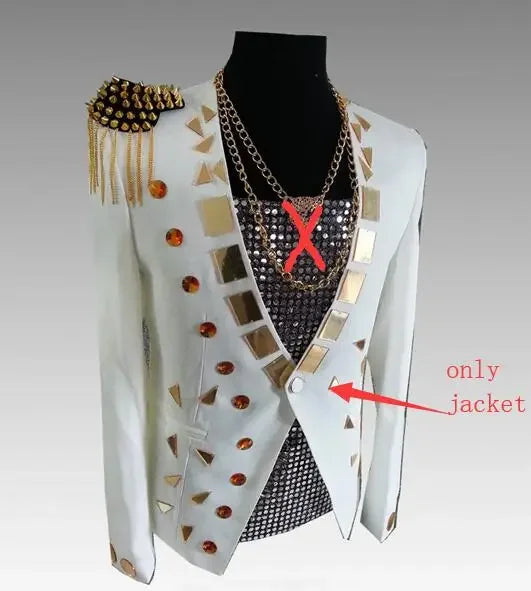Men's Fashion Silver Black Rivet Sequined Slim Fit Jacket Punk Style Stage Performance Coat Bar Singer Host Nightclub Stage Wear