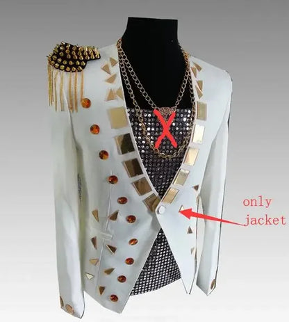 Men's Fashion Silver Black Rivet Sequined Slim Fit Jacket Punk Style Stage Performance Coat Bar Singer Host Nightclub Stage Wear