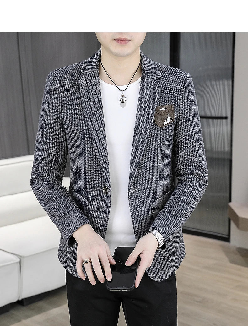 2025 Autumn Men's Casual Suit Jacket Fashion Slim Fit Striped Blazers Streetwear Social Business Versatile Formal Dress Coats