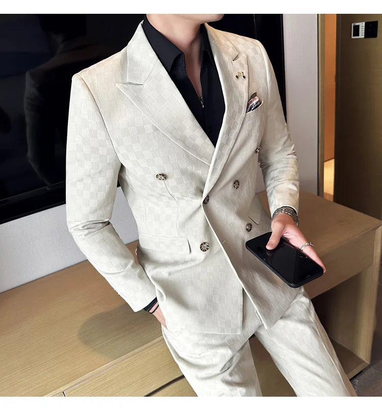 (Jacket+Pants)Luxury Checkered Double Breasted Suit  2 Pieces Fashion Business Slim Fit Social   Formal Suit Evening Dress 5XL-M