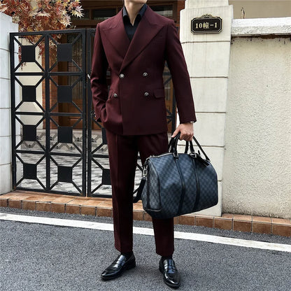 (Jackets+Pant)Fashion Double Breasted Design Men Suit Italian Style Luxury Elegant Business Social Wedding Dress Thick Suit 2Pcs