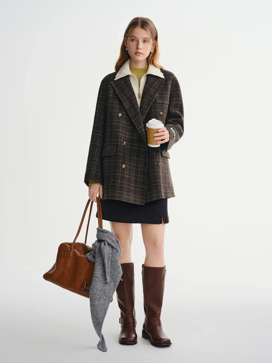 Plaid Double-faced Camel Hair Wool Blazers Coat Winter Straight Shoulder Jacket Vintage British Style Temperament Commuter