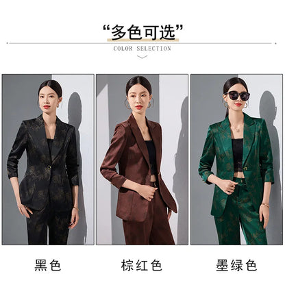 Two-Piece Leaf Print Blazer Pantsuits Set for Women Office Ladies Business Single Buttons Formal Spring Autumn Trousers Suit