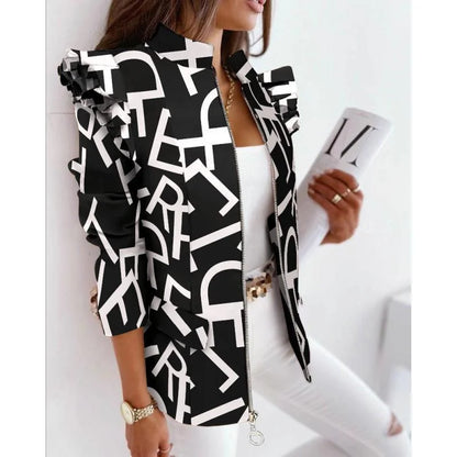 Autumn Winter Long Sleeve Print Blouse Women's Slim Fit Suit Jacket with Lace Hem Zipper Closure Fashionable Elegant Style