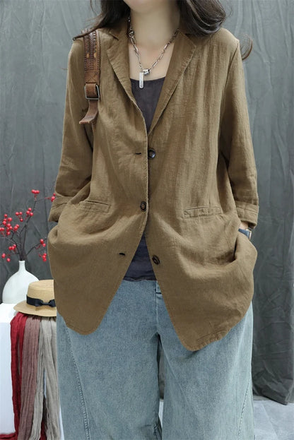 2026 Autumn New Style Women's Casual Pure Color Linen Long Sleeve Retro Fashionable Versatile Suiting Jacket Classic All-Match