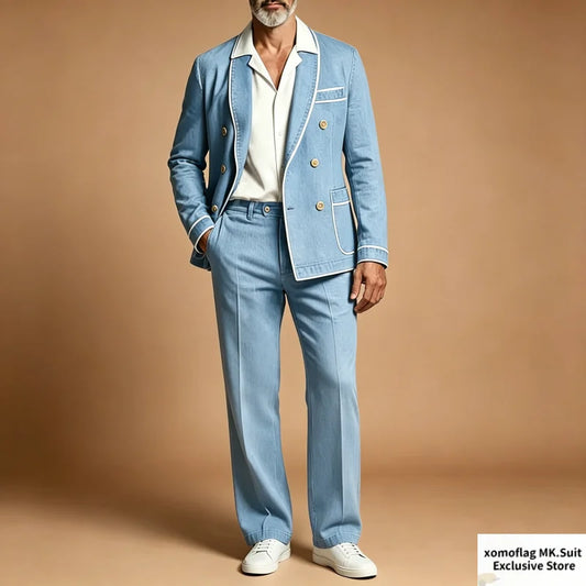 Men's 2-Piece Denim Suit – Double Breasted Satin Piping Blazer & Pants for Weddings & Formal Occasions